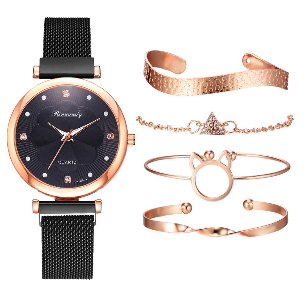 Fashion 5 Piece Set Women Watches Luxury Magnet Buckle Flower Rhinestone Watch Ladies Quartz Wrist Watch Bracelet