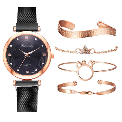Fashion 5 Piece Set Women Watches Luxury Magnet Buckle Flower Rhinestone Watch Ladies Quartz Wrist Watch Bracelet