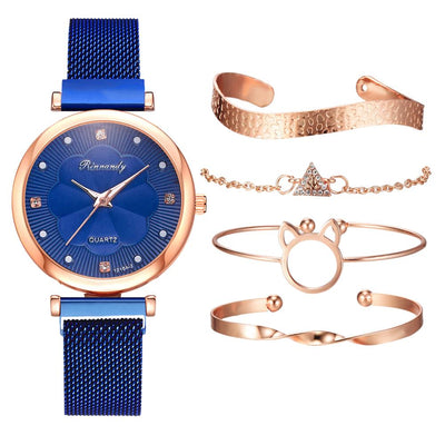 Fashion 5 Piece Set Women Watches Luxury Magnet Buckle Flower Rhinestone Watch Ladies Quartz Wrist Watch Bracelet