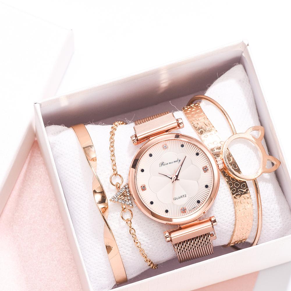 Fashion 5 Piece Set Women Watches Luxury Magnet Buckle Flower Rhinestone Watch Ladies Quartz Wrist Watch Bracelet