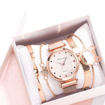 Fashion 5 Piece Set Women Watches Luxury Magnet Buckle Flower Rhinestone Watch Ladies Quartz Wrist Watch Bracelet