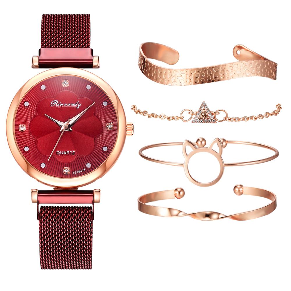 Fashion 5 Piece Set Women Watches Luxury Magnet Buckle Flower Rhinestone Watch Ladies Quartz Wrist Watch Bracelet