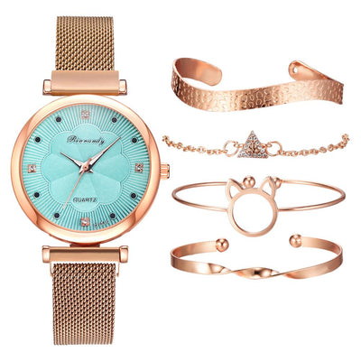 Fashion 5 Piece Set Women Watches Luxury Magnet Buckle Flower Rhinestone Watch Ladies Quartz Wrist Watch Bracelet