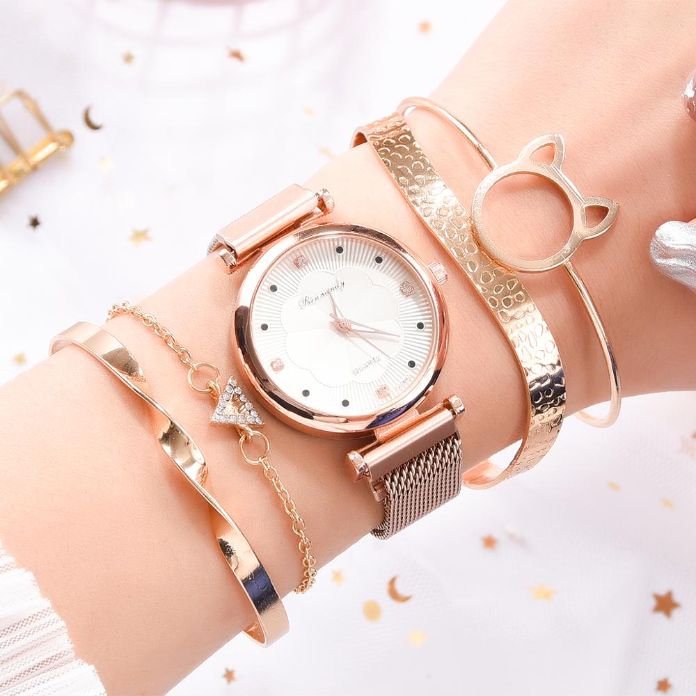 Fashion 5 Piece Set Women Watches Luxury Magnet Buckle Flower Rhinestone Watch Ladies Quartz Wrist Watch Bracelet