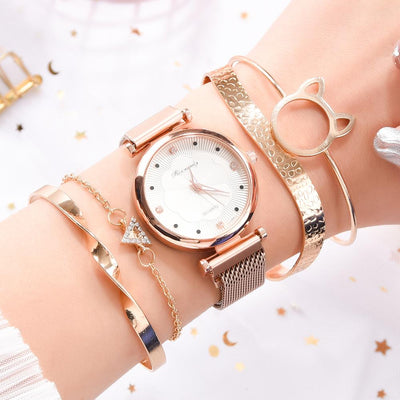 Fashion 5 Piece Set Women Watches Luxury Magnet Buckle Flower Rhinestone Watch Ladies Quartz Wrist Watch Bracelet