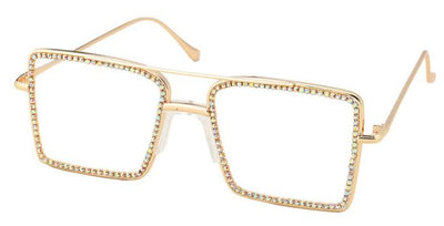 Glamorous Rhinestone-Encrusted Square Glasses for Women - Designer Anti-Blue Light Frame