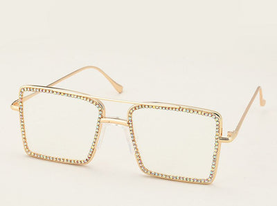 Glamorous Rhinestone-Encrusted Square Glasses for Women - Designer Anti-Blue Light Frame