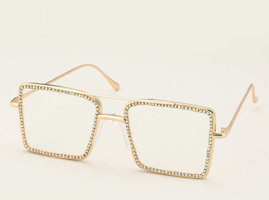 Glamorous Rhinestone-Encrusted Square Glasses for Women - Designer Anti-Blue Light Frame