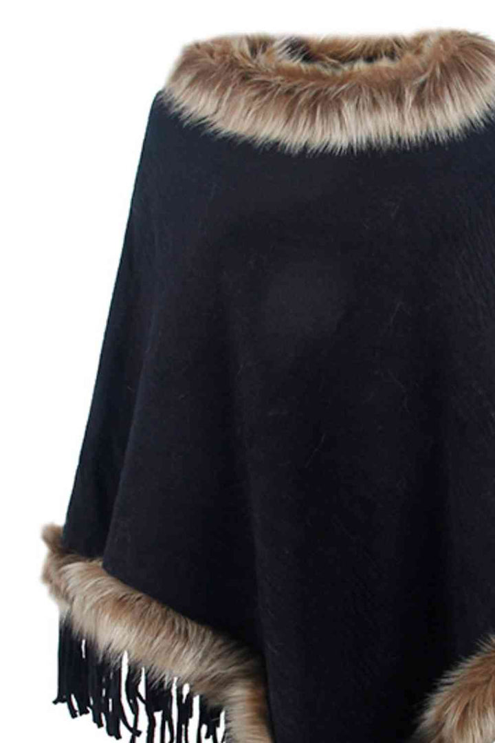 Elegant Fringed Faux Fur Poncho for Stylish Winter Warmth