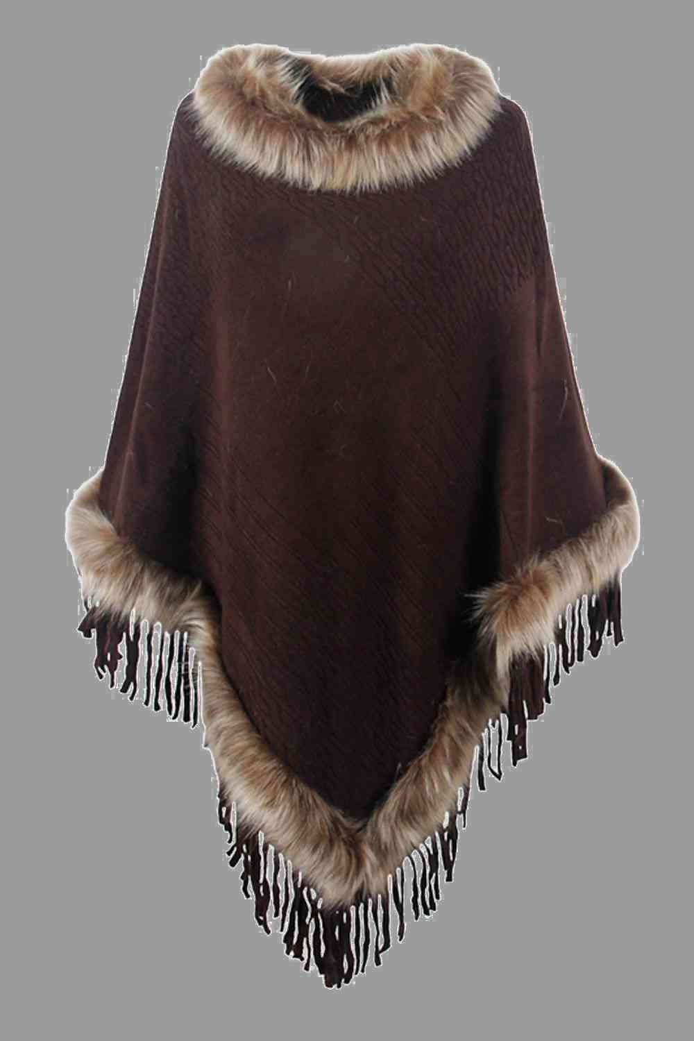 Elegant Fringed Faux Fur Poncho for Stylish Winter Warmth