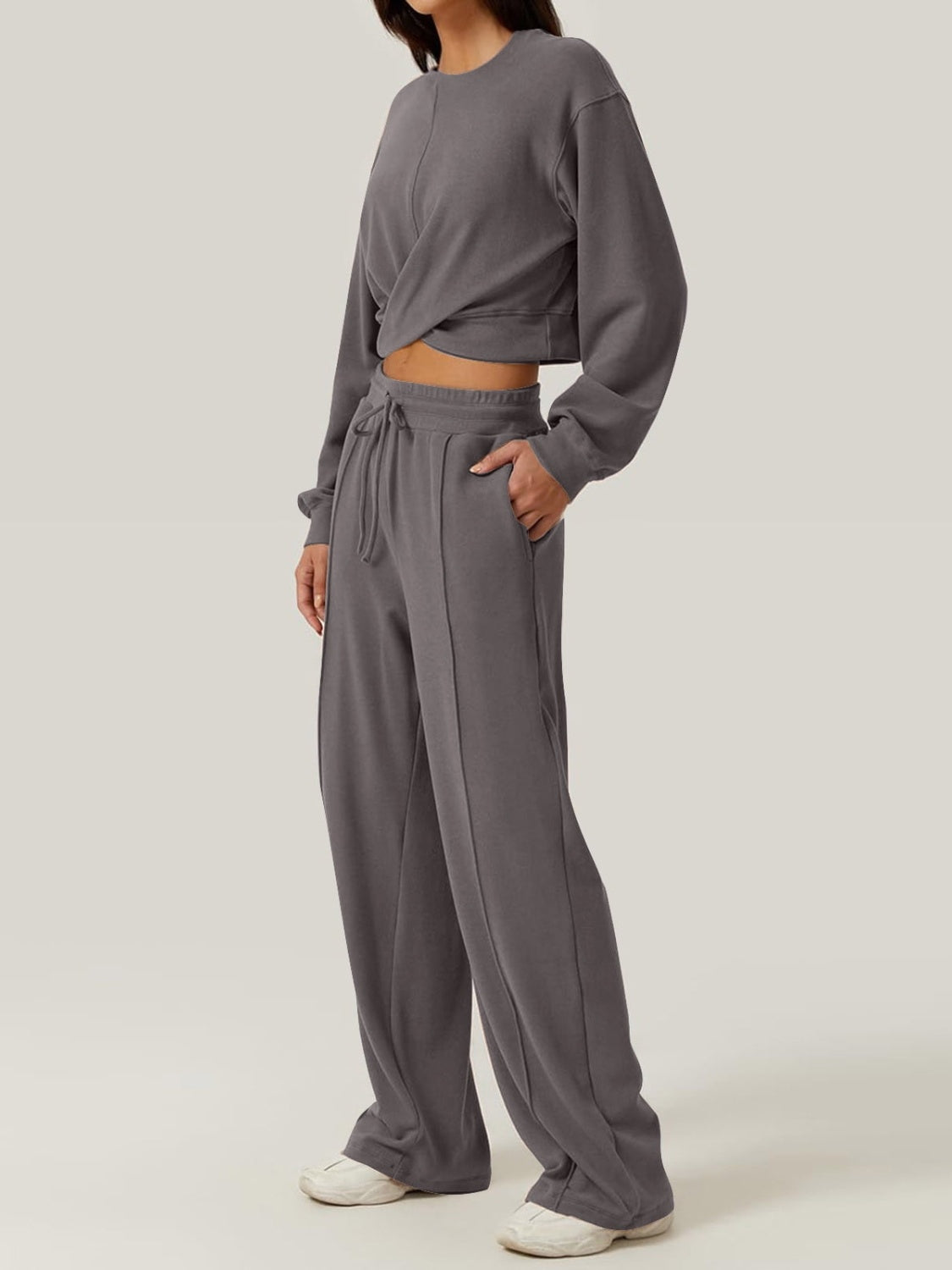 Trendy Crisscross Neck Top and Adjustable Waist Pants Set