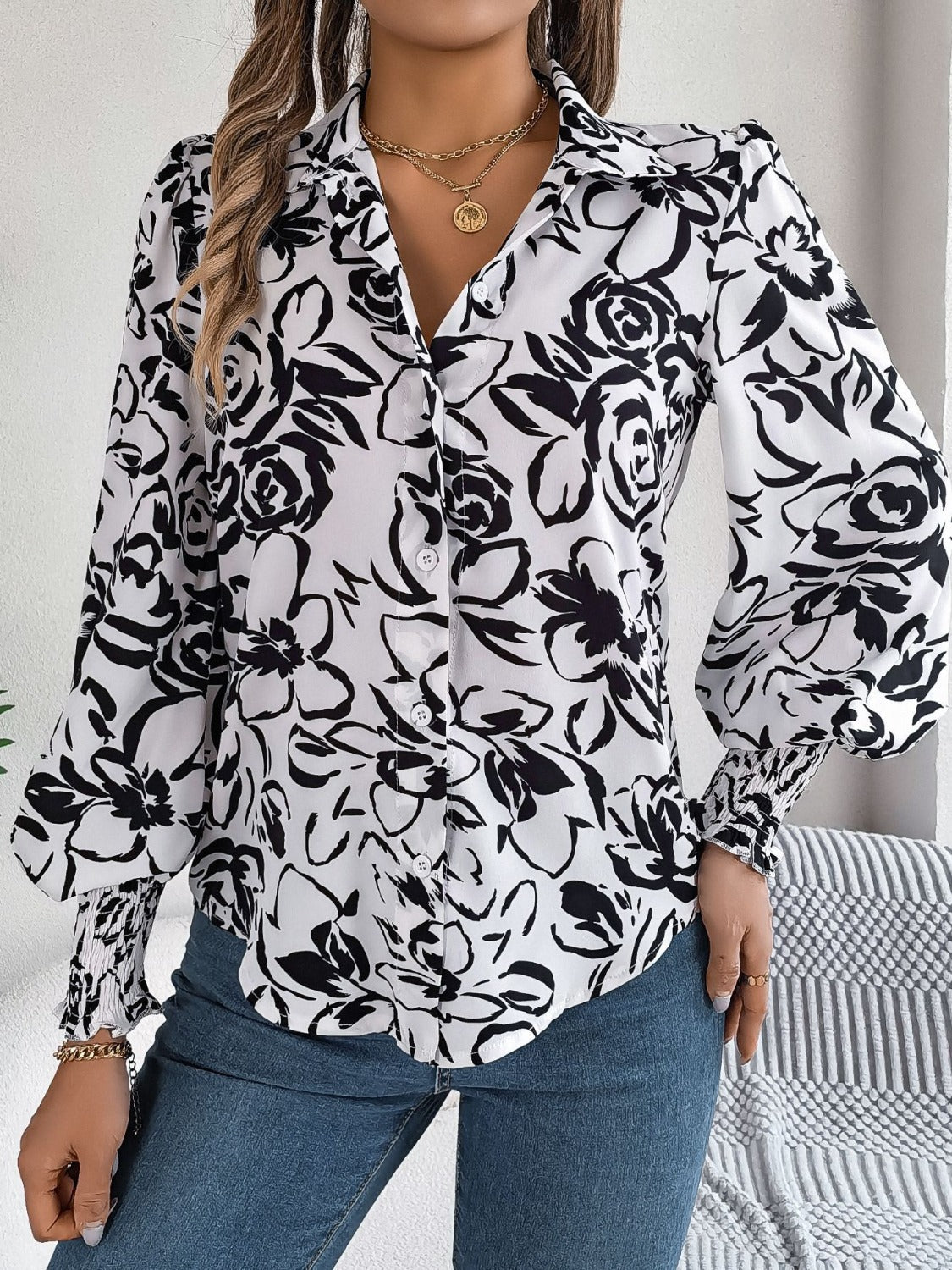 Stylish Printed Lantern Sleeve Button-Up Blouse for Women