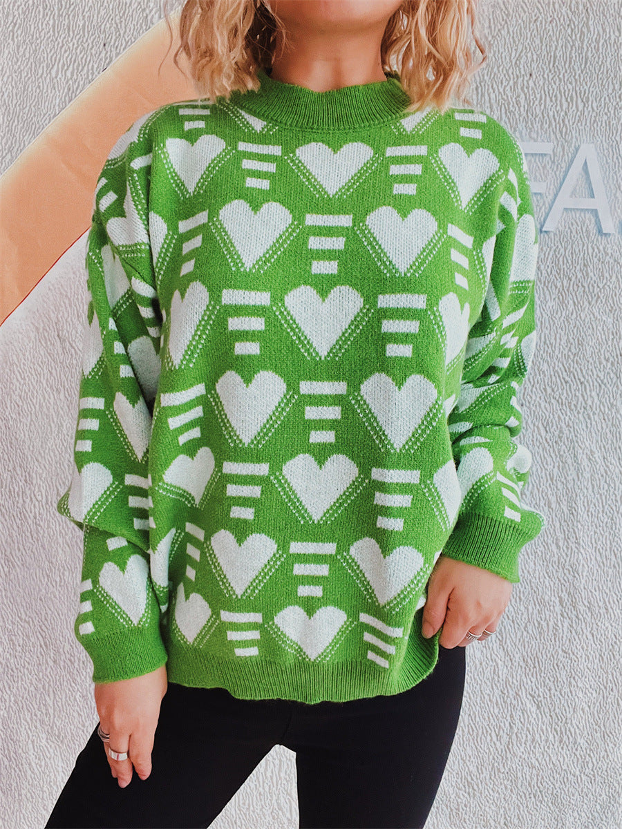 Charming Heart Contrast Oversized Sweater for Cozy Style