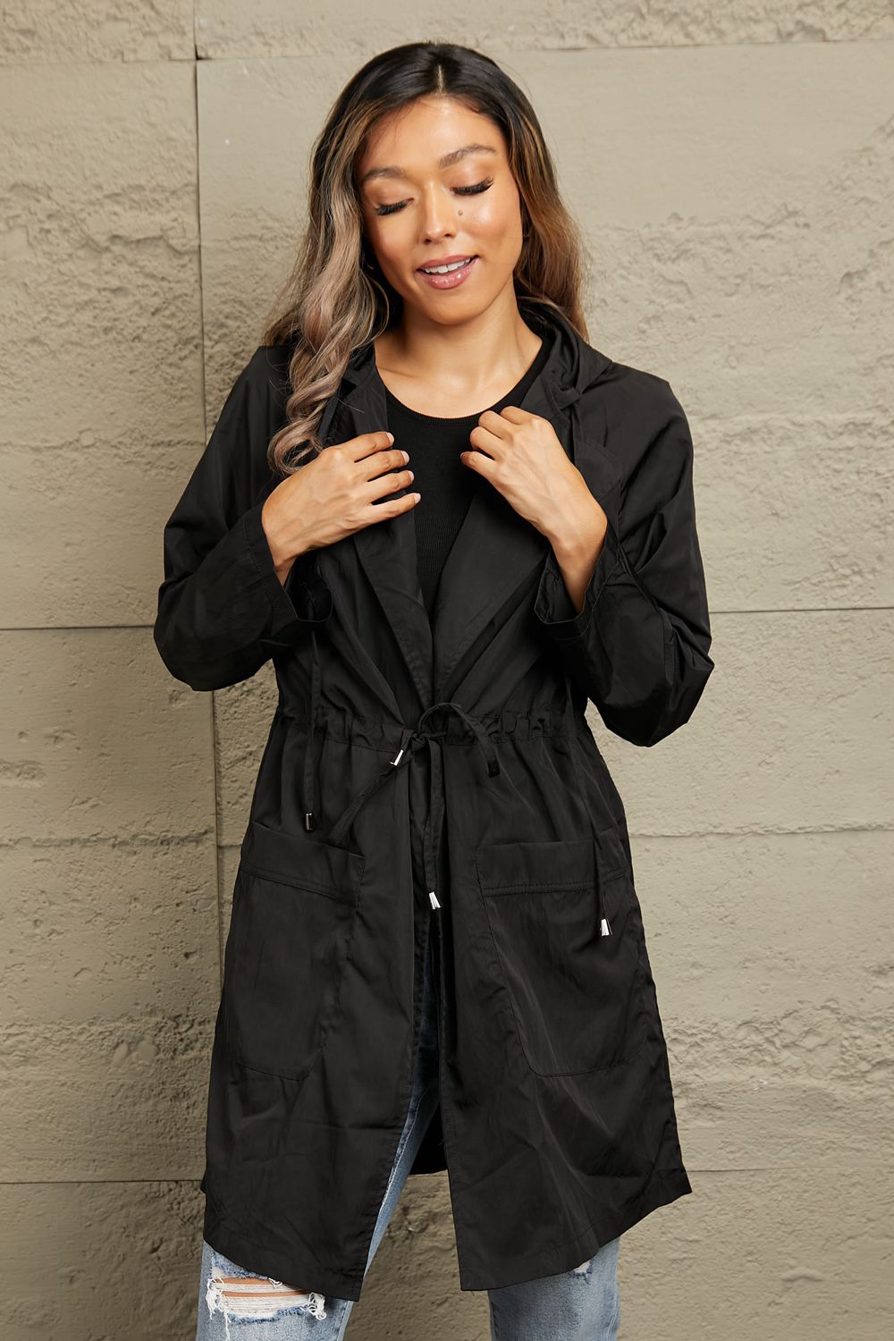 Hooded Longline Jacket with Adjustable Drawstring