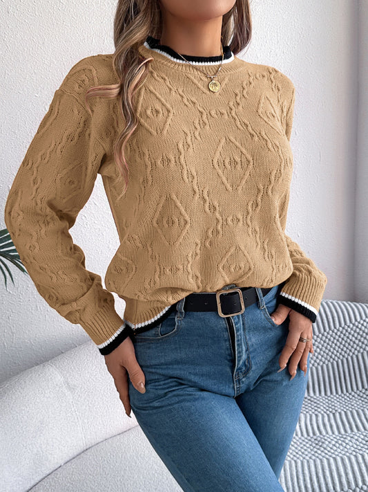 Contrast Trim Round Neck Long Sleeve Sweater for Women