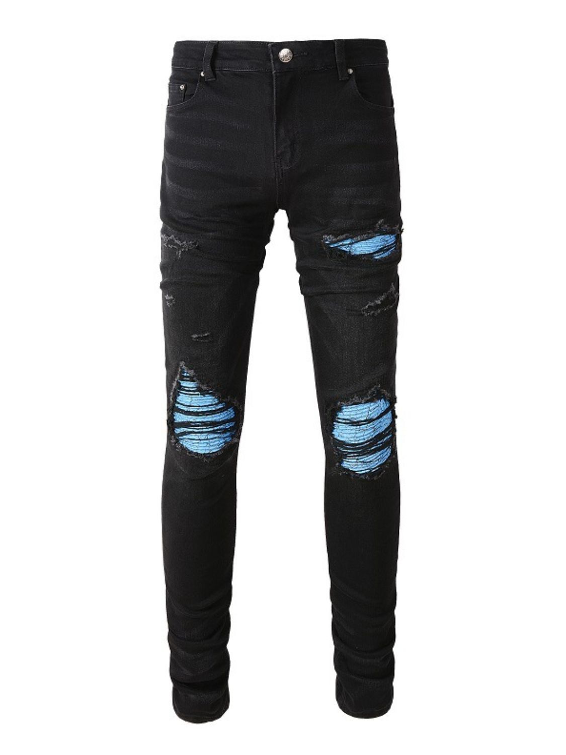 Men's Distressed Skinny Jeans with Raw Hem and Stretch