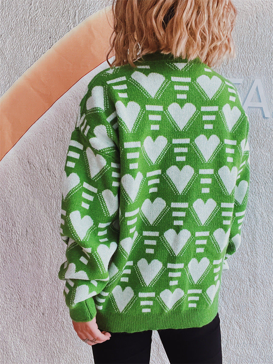 Charming Heart Contrast Oversized Sweater for Cozy Style