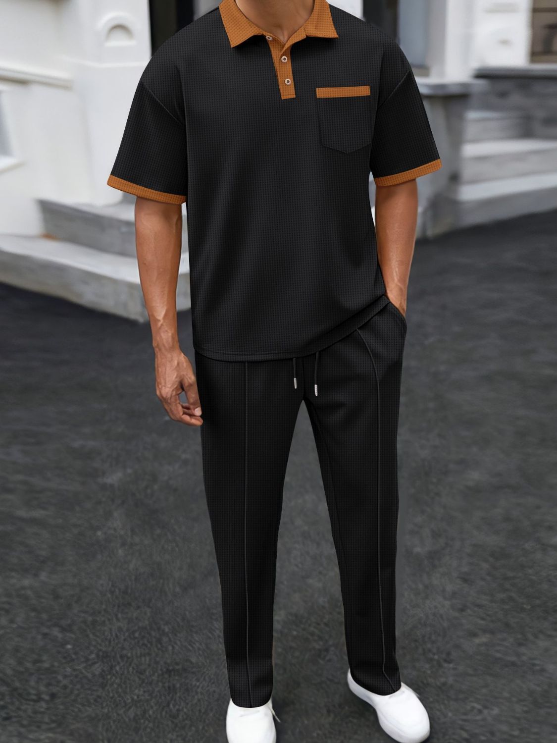 Men's Full Size Waffle-Knit Contrast Polo Pants Set Plus Size