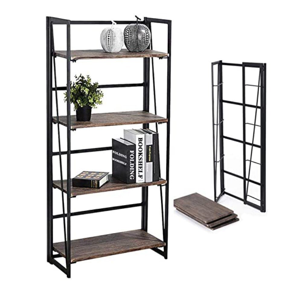 Folding Bookshelf 4 Tier Vintage Bookcase Home Office Bookshelves with Metal Frame No Assembly Industrial Storage Organizer, 23.6 x 11.8 x 49.4Inches