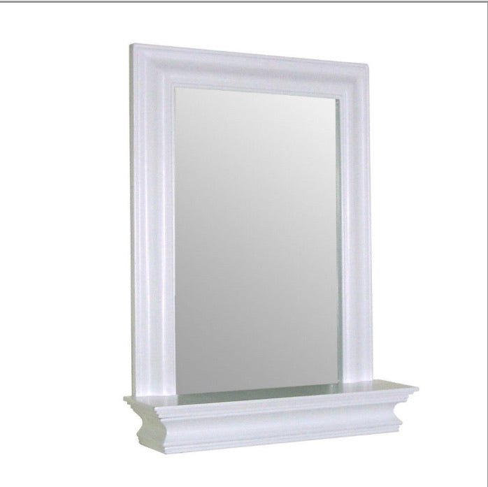 Framed Bathroom Mirror Rectangular Shape with Bottom Shelf in White Wood Finish