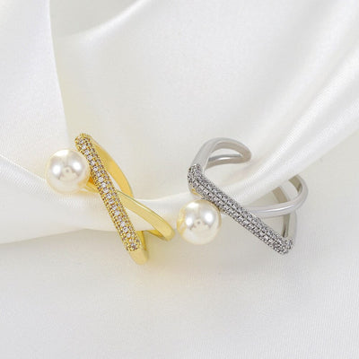 French Elegant Baroque Pearl Ring Ins 18k Gold Plated Bling CZ Cross Twist Rings for Women