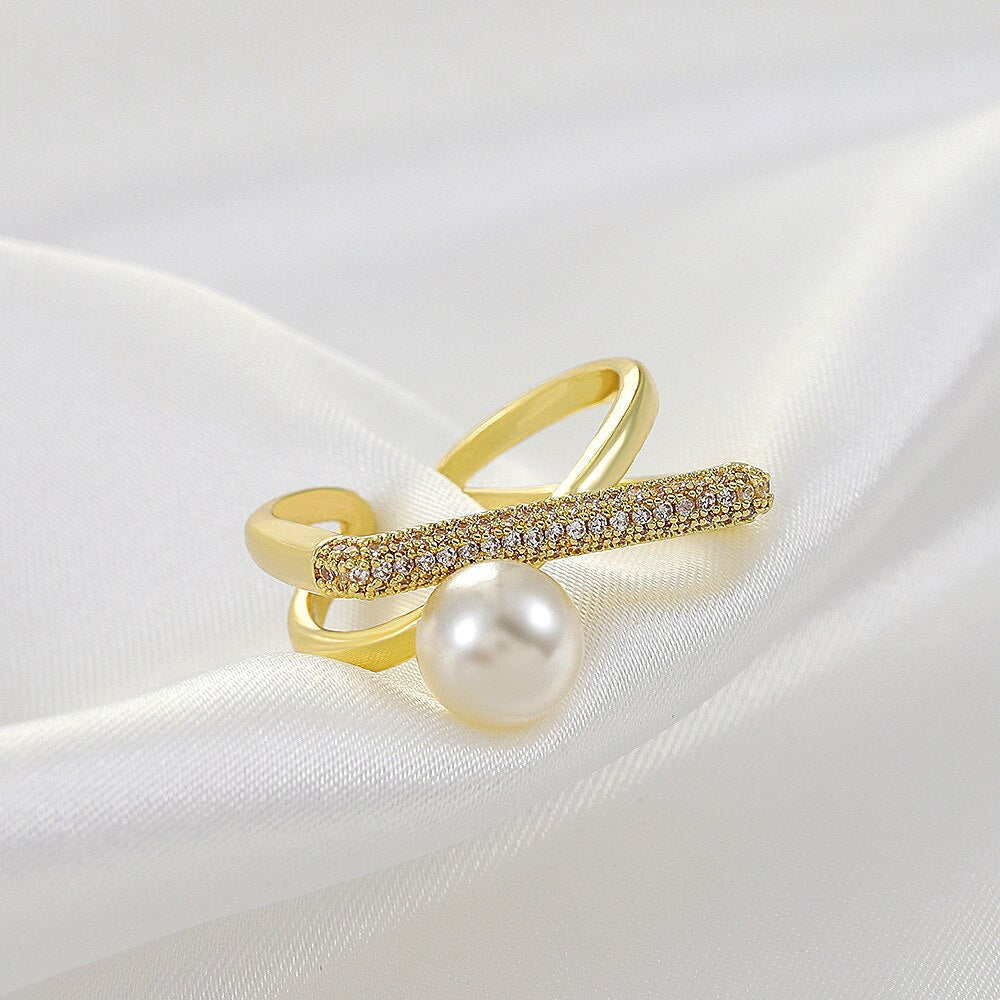 French Elegant Baroque Pearl Ring Ins 18k Gold Plated Bling CZ Cross Twist Rings for Women