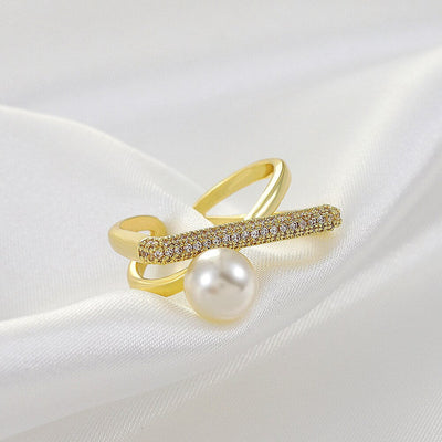 French Elegant Baroque Pearl Ring Ins 18k Gold Plated Bling CZ Cross Twist Rings for Women