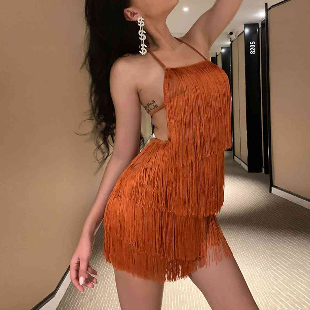Fringe-Embellished Halter Mini Dress with Adjustable Back Ties