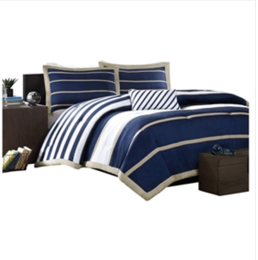 Full / Queen size Comforter Set in Navy Blue White Khaki Strip