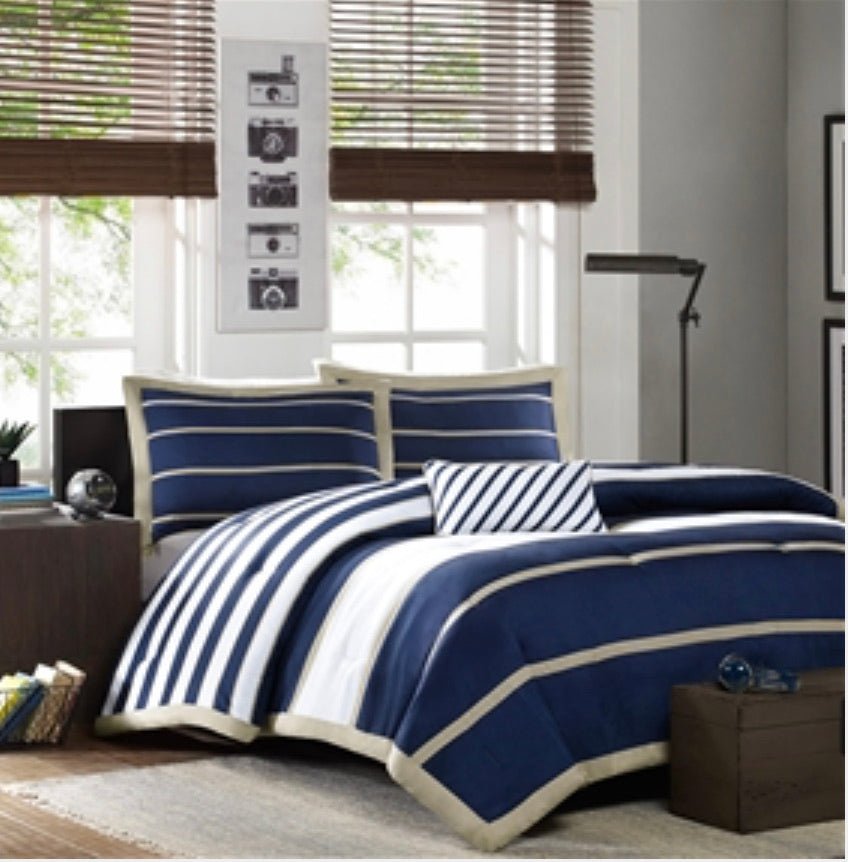 Full / Queen size Comforter Set in Navy Blue White Khaki Strip