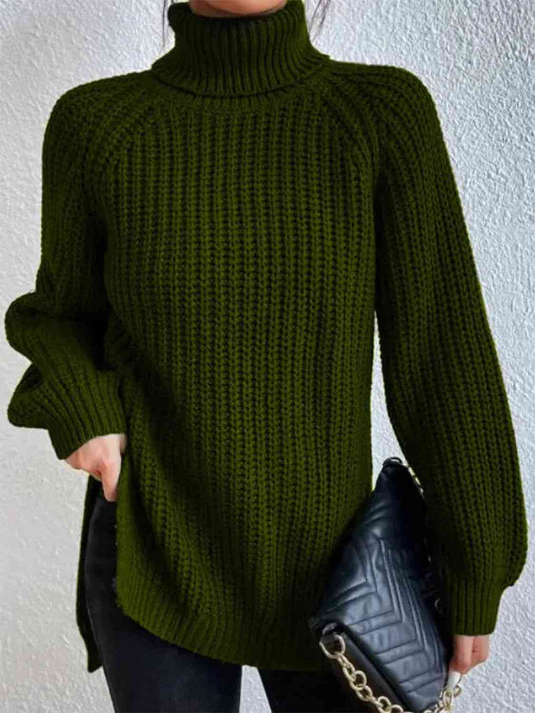 Chic Turtleneck Ribbed Sweater with Trendy Side Slits