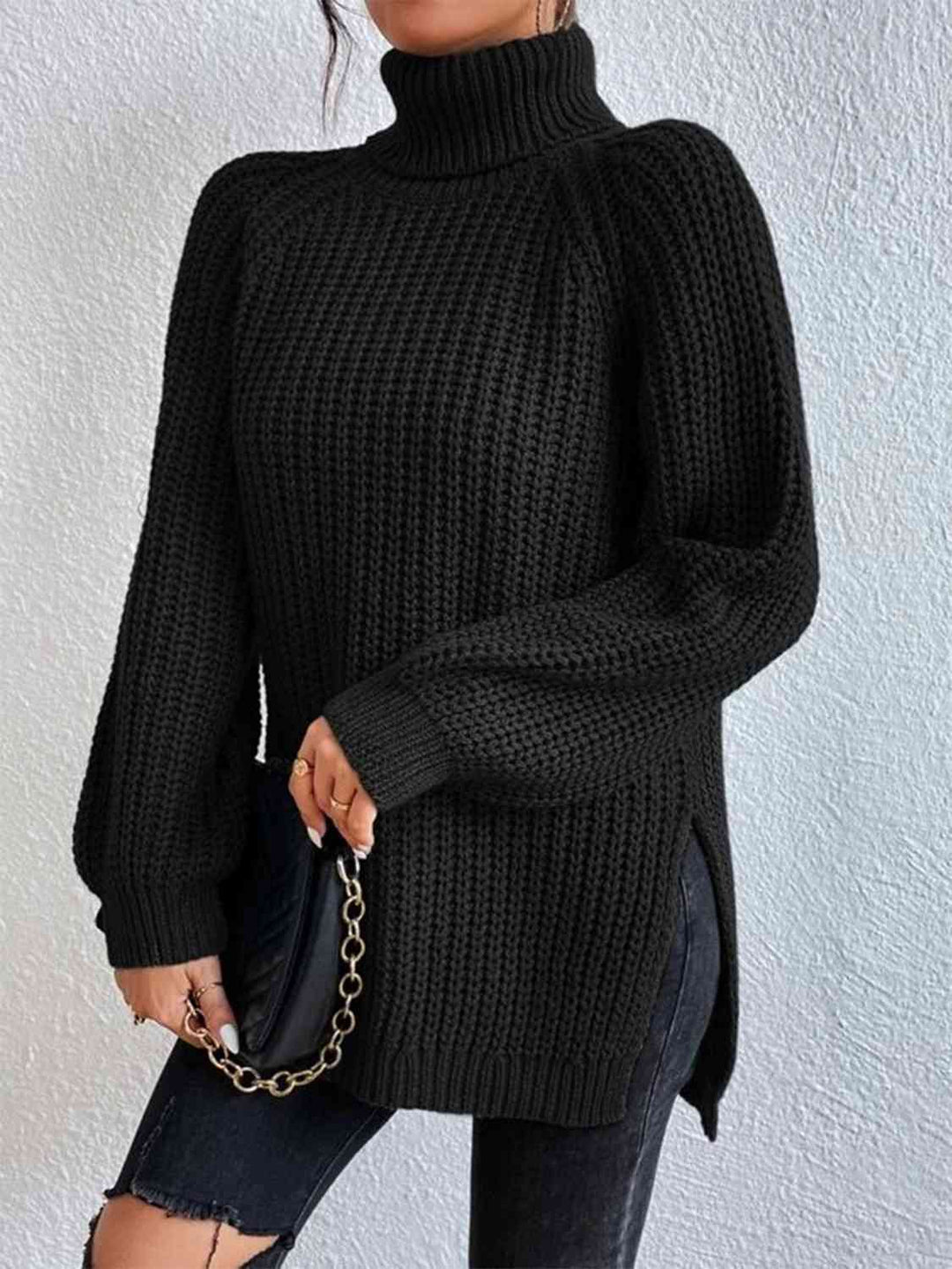 Chic Turtleneck Ribbed Sweater with Trendy Side Slits