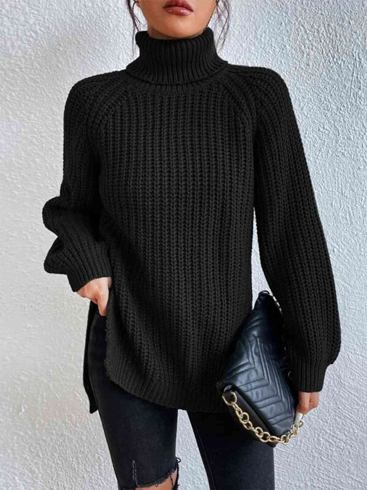 Chic Turtleneck Ribbed Sweater with Trendy Side Slits