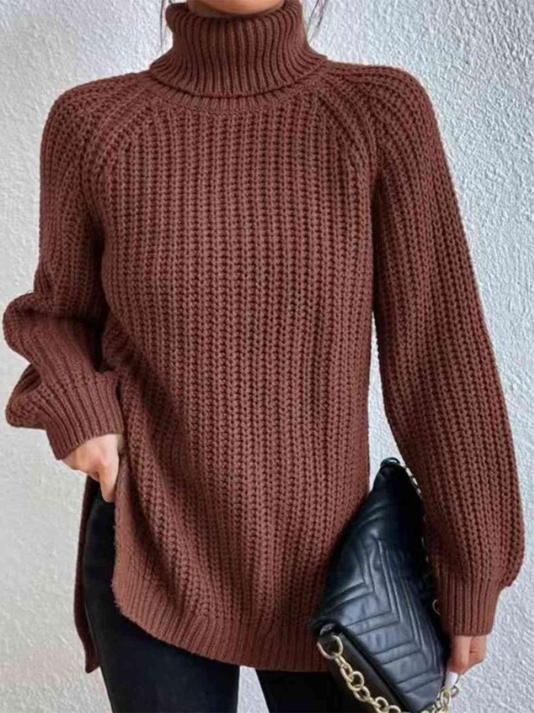 Chic Turtleneck Ribbed Sweater with Trendy Side Slits