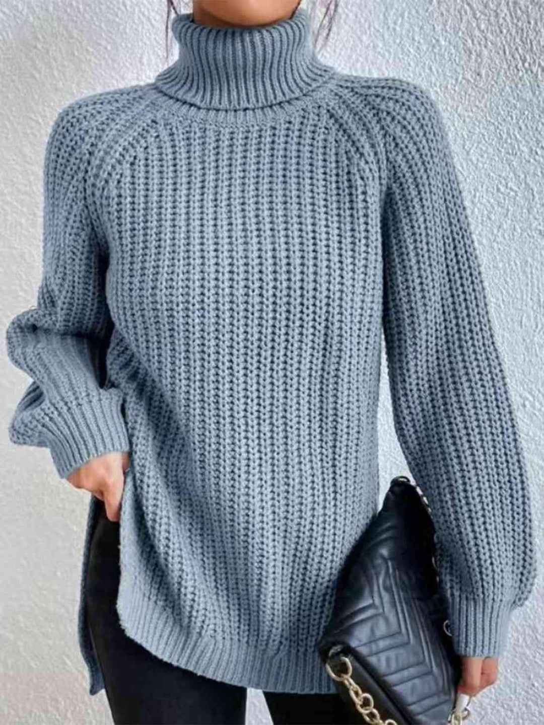 Chic Turtleneck Ribbed Sweater with Trendy Side Slits