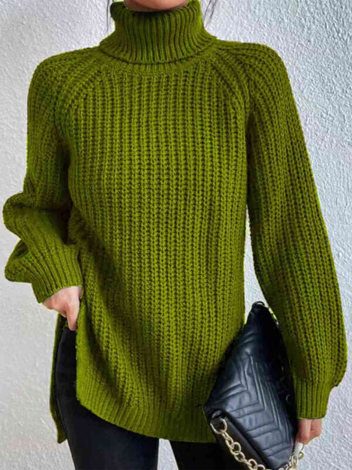 Chic Turtleneck Ribbed Sweater with Trendy Side Slits