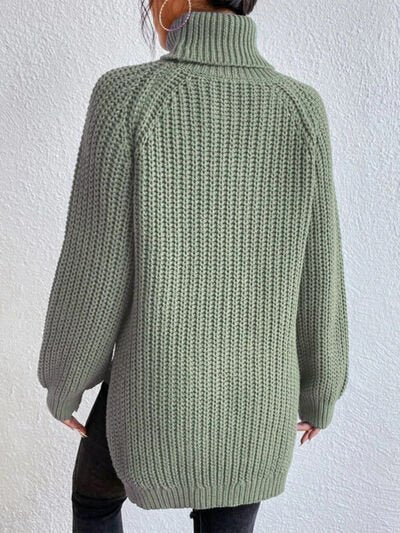 Chic Turtleneck Ribbed Sweater with Trendy Side Slits