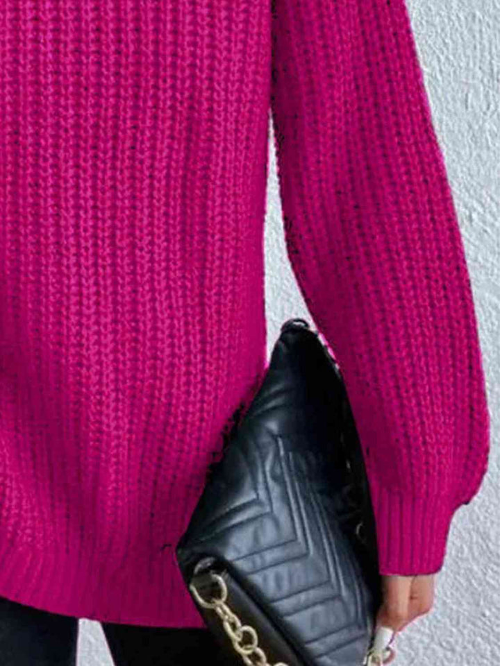 Chic Turtleneck Ribbed Sweater with Trendy Side Slits