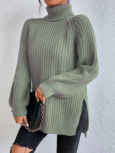 Chic Turtleneck Ribbed Sweater with Trendy Side Slits