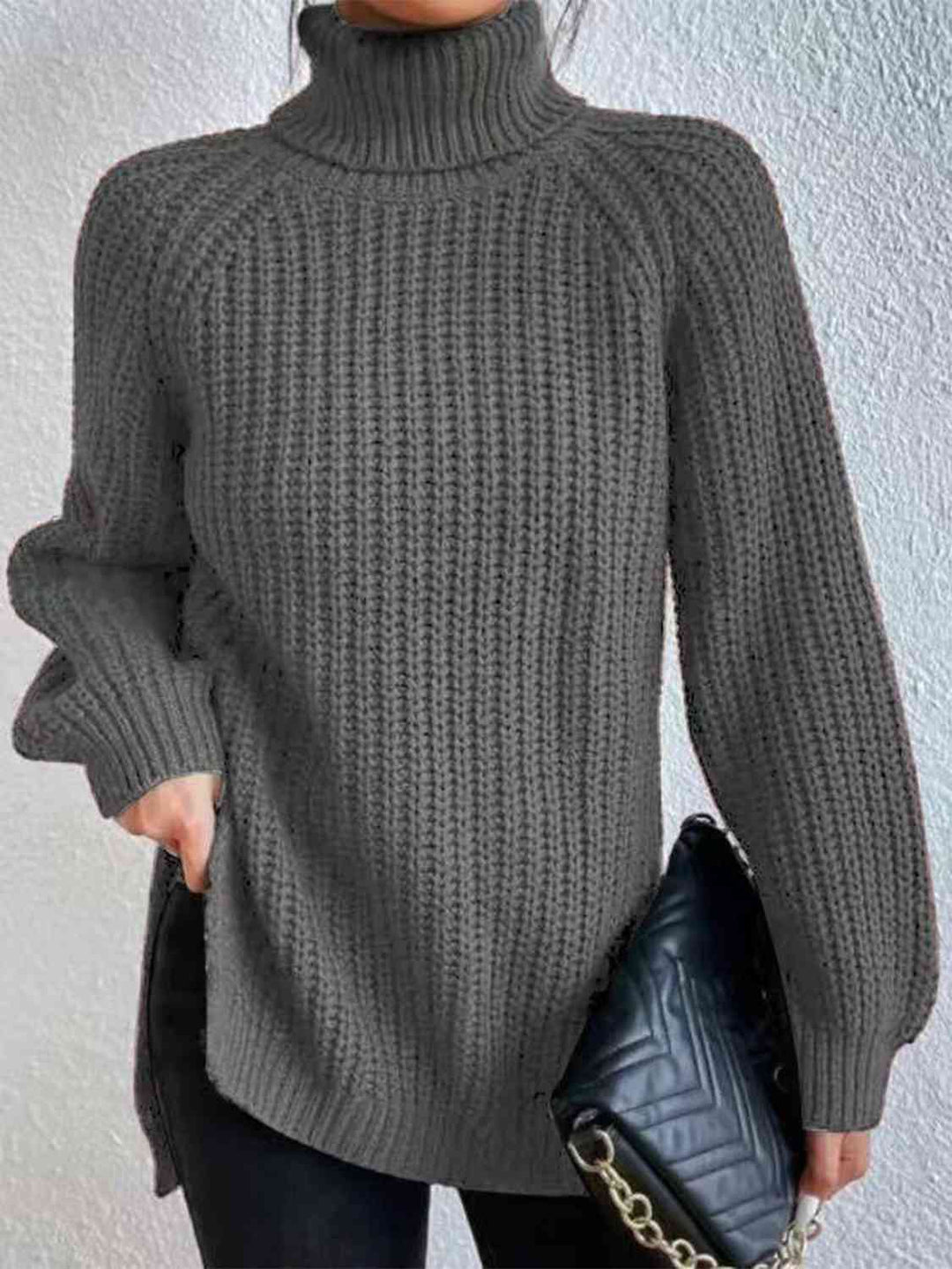 Chic Turtleneck Ribbed Sweater with Trendy Side Slits