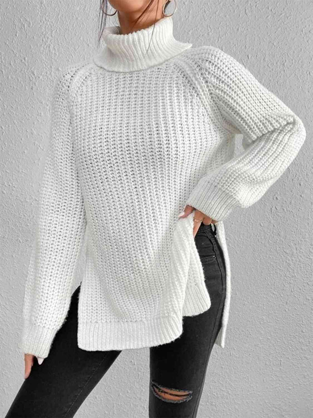 Chic Turtleneck Ribbed Sweater with Trendy Side Slits