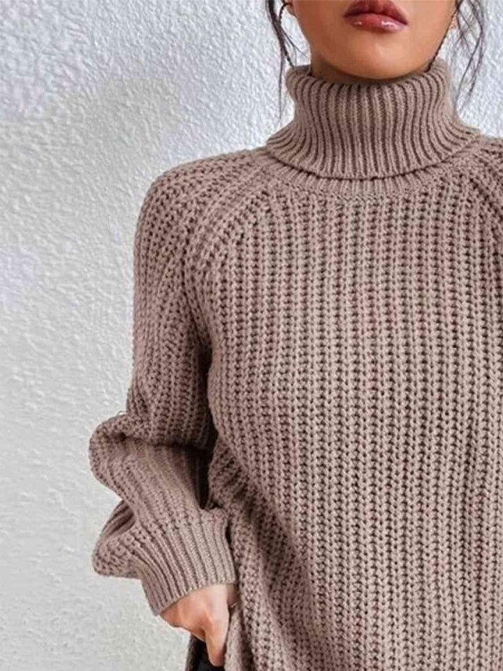 Chic Turtleneck Ribbed Sweater with Trendy Side Slits