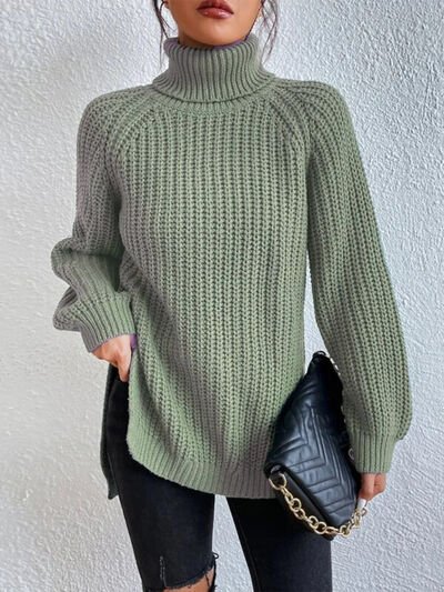 Chic Turtleneck Ribbed Sweater with Trendy Side Slits