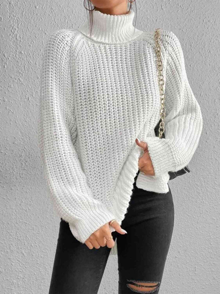 Chic Turtleneck Ribbed Sweater with Trendy Side Slits