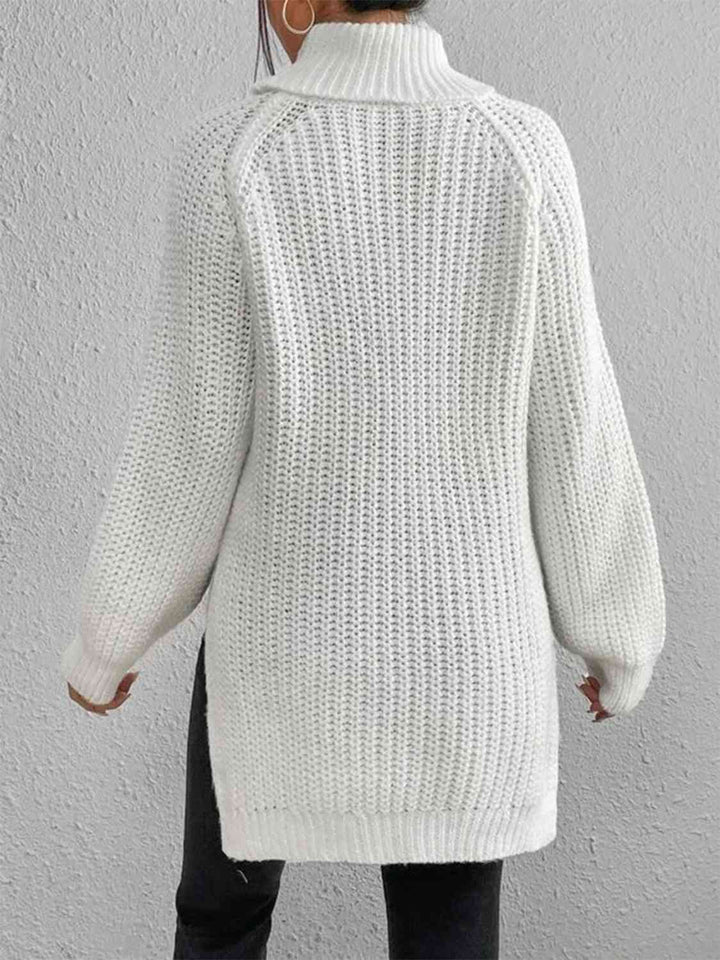 Chic Turtleneck Ribbed Sweater with Trendy Side Slits