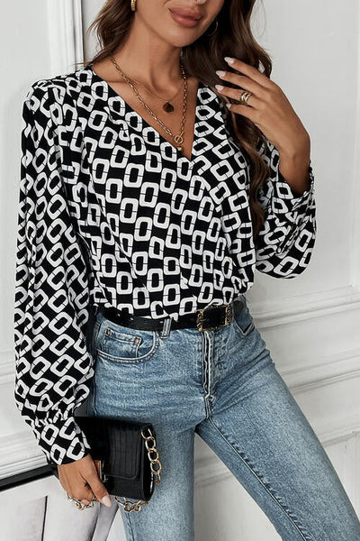Elegant Geometric V-Neck Blouse with Long Sleeves