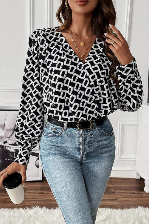 Elegant Geometric V-Neck Blouse with Long Sleeves