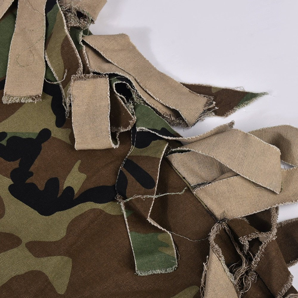 Tassel-Decorated High-Waisted Green Camo Cargo Pants