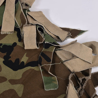 Tassel-Decorated High-Waisted Green Camo Cargo Pants