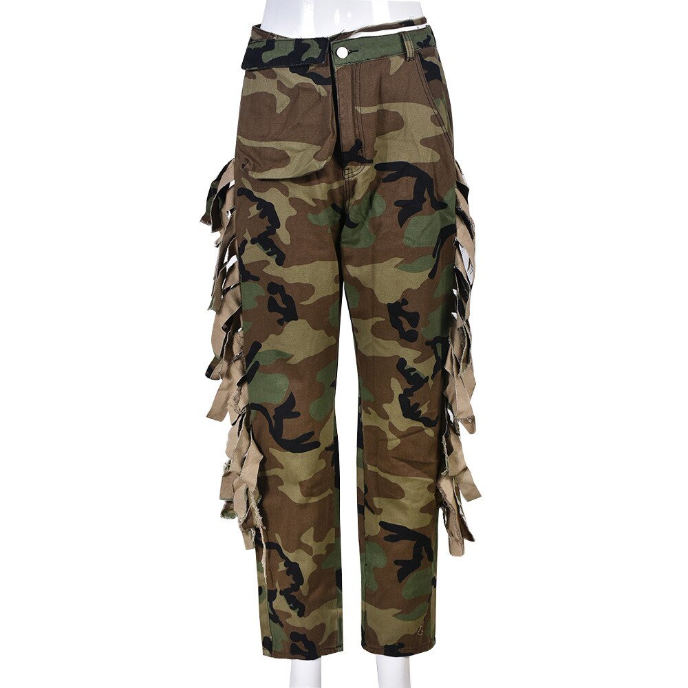 Tassel-Decorated High-Waisted Green Camo Cargo Pants